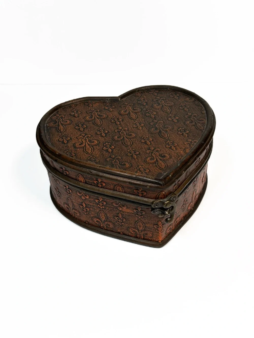 Wood Heart Box Fleur De Lis Hinge Closure Jewelry Trinket Storage